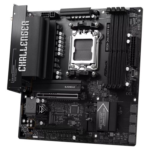 Carte mère ASRock B650M Challenger WiFi, de couleur noire avec des dissipateurs thermiques imposants et un socket CPU central.