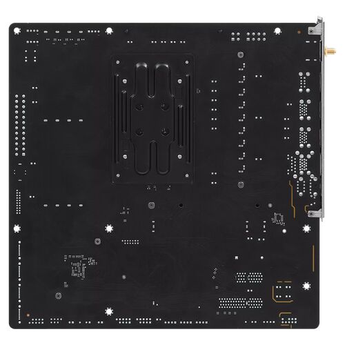 Vue de l'arrière d'une carte mère noire montrant les circuits et les points de fixation pour le processeur.