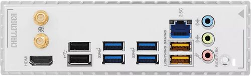 Panneau arrière d'une carte mère Challenger avec ports HDMI, USB, ports réseau 2.5G, ports audio et connecteurs USB-C.