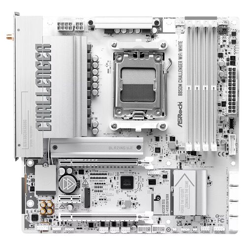 Carte mère ASRock Challenger B850M Challenger WiFi White, avec dissipateurs thermiques argentés et design blanc.