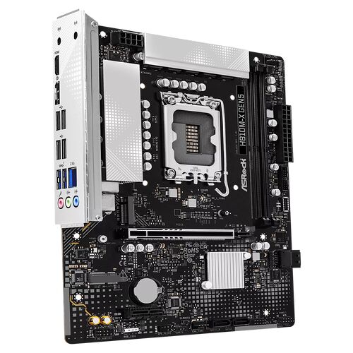 Carte mère ASRock HB10M-XGENS de couleur noire avec des dissipateurs thermiques argentés, présentant divers ports de connexion et un socket CPU central.