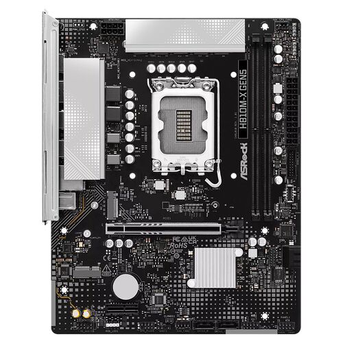 Carte mère ASRock HB10M-XGENS de couleur noire avec dissipateurs thermiques argentés et emplacements pour mémoire RAM.