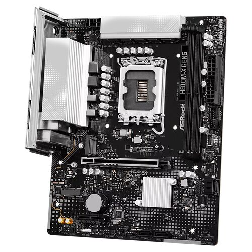Carte mère ASRock H81M-X GEN5 avec dissipateurs thermiques argentés sur les composants principaux et des emplacements de mémoire RAM noirs.
