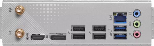 Arrière-plan d'une carte mère avec divers connecteurs : ports HDMI, DisplayPort, ports USB, port Ethernet 2.5G, ports USB-C et prises jack audio.