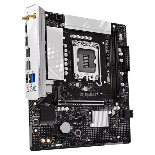 Carte mère ASRock H610M-X GEN5 WIFI avec dissipateurs thermiques argentés et connecteurs variés sur un fond noir.
