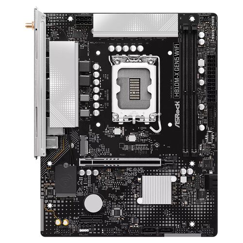 Carte mère ASRock H810M-X GEN5 WiFi avec dissipateurs thermiques argentés, emplacements mémoire DDR5 et connecteurs divers sur un circuit imprimé noir.