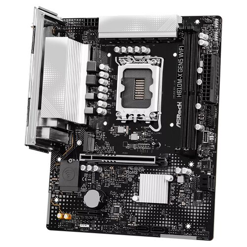 Carte mère ASRock HB10M-X GEN5 WFI avec dissipateurs thermiques argentés et socle de processeur central.