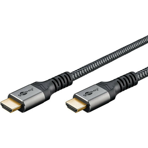 Câble HDMI de marque Goobay avec une gaine tressée noire et des connecteurs dorés.