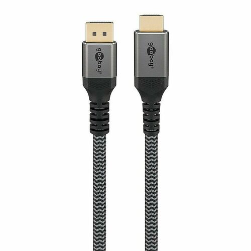 Deux câbles HDMI de marque Goobay avec un revêtement en tresse noire.