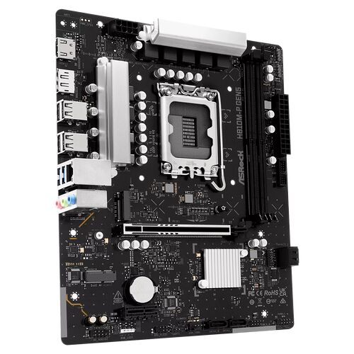 Carte mère ASRock H81M-P GEN5 avec dissipateur thermique sur le chipset et socle pour processeur.