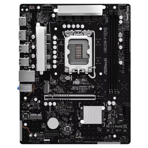 Carte mère ASRock H810M-P GEN5 avec dissipateurs thermiques argentés sur le socket CPU et le chipset.