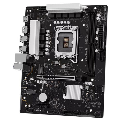 Carte mère ASRock HB10M-P GEN5 de couleur noire, équipée de dissipateurs thermiques argentés et de plusieurs emplacements de mémoire RAM.