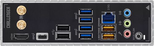 Panneau arrière d'une carte mère Challenger présentant divers ports : HDMI, DisplayPort, USB, ports Ethernet 2.5G, prises audio et un bouton BIOS FLBK.