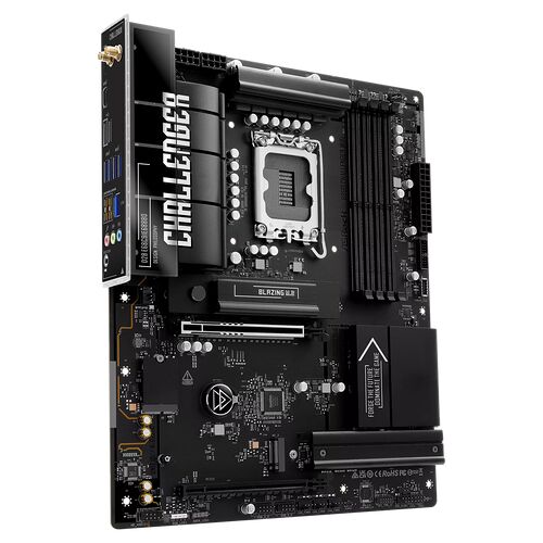 Carte mère ASUS Challenger de couleur noire avec des dissipateurs thermiques et des emplacements de mémoire RAM noirs.