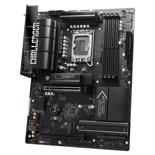 Carte mère ASRock Challenger avec dissipateurs thermiques noirs et détails blancs, présentée sur un fond noir.