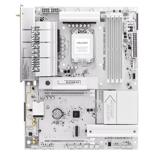Carte mère ASRock Challenger B860 blanche avec dissipateurs thermiques blancs et slots de mémoire RAM ouverts.