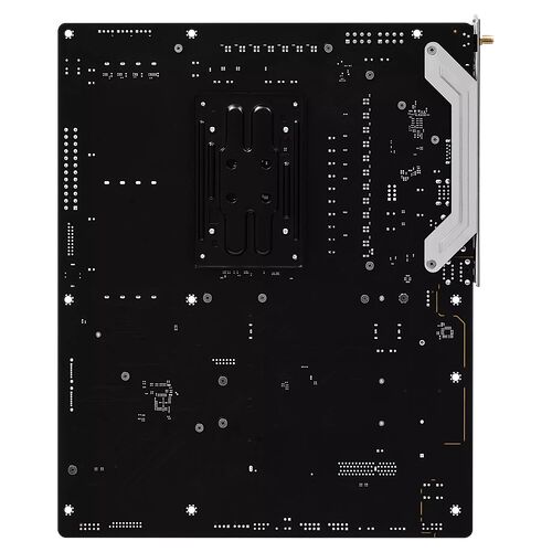 Vue arrière d'une carte mère noire avec des dissipateurs thermiques et des points de montage pour le refroidissement.