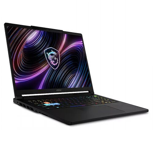 Ordinateur portable MSI avec un clavier rétroéclairé multicolore et un écran affichant un fond d'écran graphique coloré.