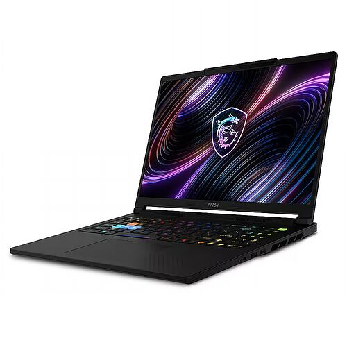 Ordinateur portable MSI avec un clavier rétroéclairé multicolore et un écran affichant un fond d'écran graphique abstrait.