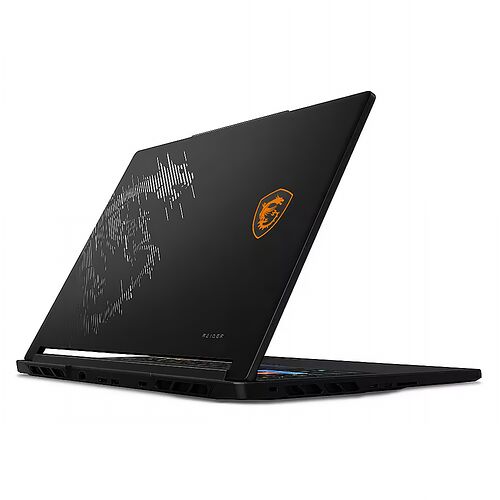 Ordinateur portable MSI Raider noir avec un logo dragon orange sur le capot.
