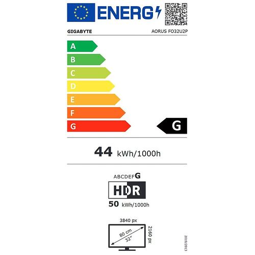 Étiquette d'efficacité énergétique pour un écran Gigabyte Aorus, classé en catégorie G avec une consommation de 44 kWh/1000h. L'écran est un modèle HDR de 32 pouces avec une résolution de 3840 px.