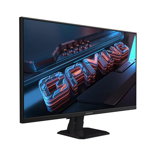 Écran de PC gamer Gigabyte avec un fond d'écran stylisé affichant le mot "GAMING" en relief avec des effets de lumière néon.