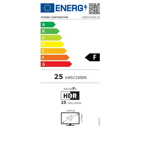 Étiquette d'efficacité énergétique pour un écran IIYAMA, classé en catégorie F avec une consommation de 25 kWh/1000h. L'écran affiche une résolution de 2560 x 1440 pixels pour une diagonale de 27 pouces.