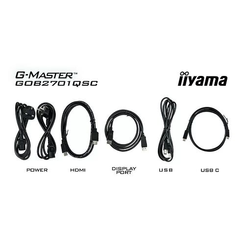 Présentation des câbles inclus avec l'écran iiyama G-Master : un câble d'alimentation, un câble HDMI, un DisplayPort, un câble USB et un câble USB-C.