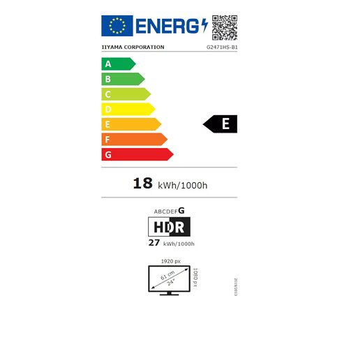 Étiquette d'efficacité énergétique pour un écran Iiyama, classé en catégorie E avec une consommation de 18 kWh/1000h. L'écran affiche une résolution de 1920 x 1080 px pour une diagonale de 24 pouces.