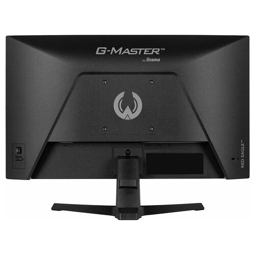 L'arrière d'un écran de jeu G-Master par Livama, de couleur noire, avec un pied de support en forme de T et le logo de la marque au centre.