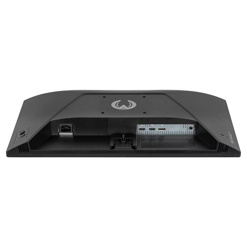 Vue de dessous d'un écran de jeu Acer avec son pied, incluant une prise d'alimentation et divers ports de connectivité à l'arrière.