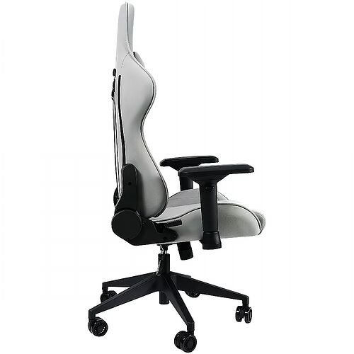 Chaise de bureau ergonomique de couleur grise avec accoudoirs noirs et pieds à roulettes.