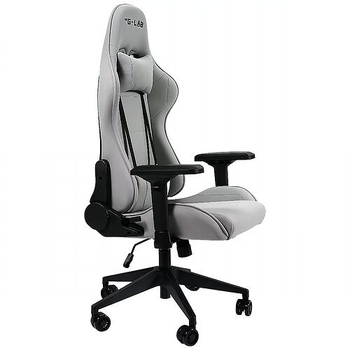 Chaise de gaming G-LAB de couleur grise avec accoudoirs noirs et un coussinet pour la nuque.
