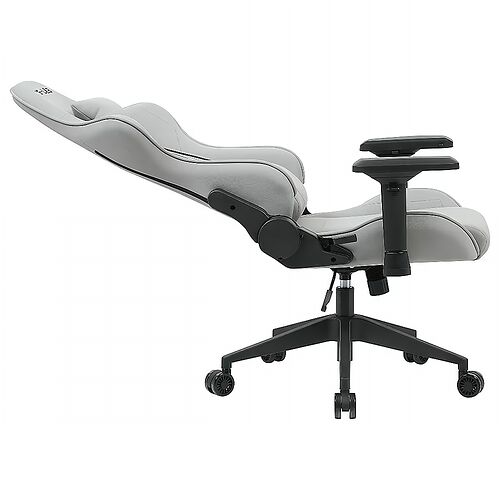Fauteuil de bureau ergonomique blanc et noir avec accoudoirs réglables et dossier inclinable.