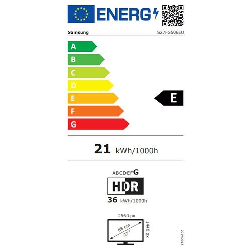 Étiquette d'efficacité énergétique pour un écran Samsung, classé en catégorie E avec une consommation de 21 kWh/1000h. L'écran affiche une résolution de 2560 x 1440 px pour une diagonale de 27 pouces.