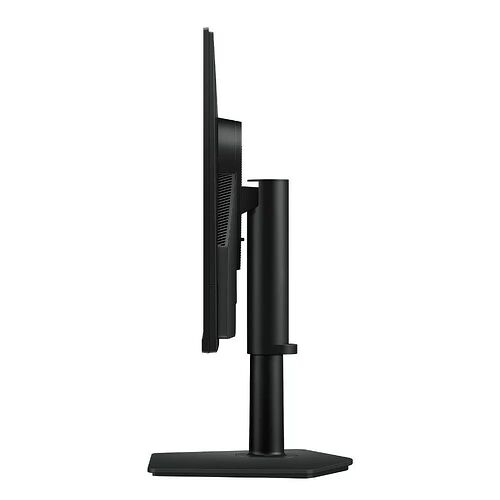 Écran d'ordinateur noir de profil, montrant la dalle fine et son pied de support réglable.