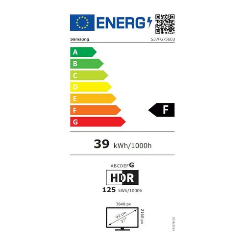 Étiquette d'efficacité énergétique pour un écran Samsung, classé en catégorie F avec une consommation de 39 kWh/1000h. L'écran affiche une résolution de 3840 px et une diagonale de 37 pouces.