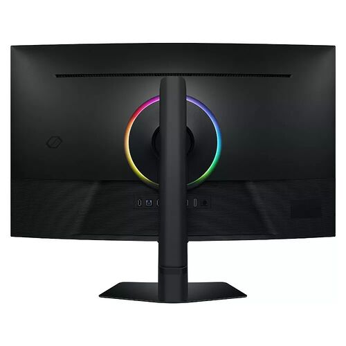 Écran PC incurvé avec un éclairage LED circulaire multicolore à l'arrière du pied de support.