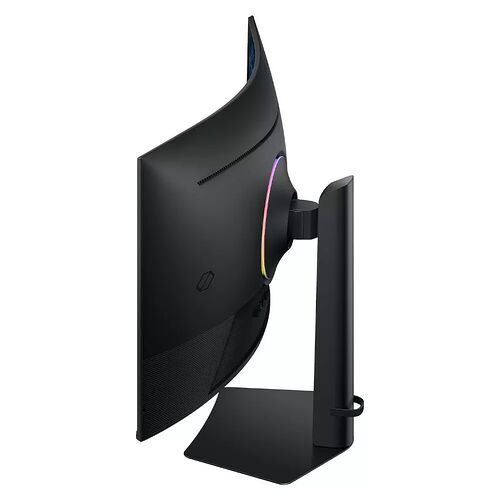 Écran incurvé noir avec un rétroéclairage RGB coloré sur l'arrière du cadre, monté sur un pied de support noir.