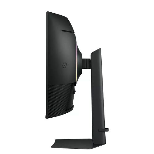 Écran d'ordinateur noir avec un pied de support fin et une base plate.