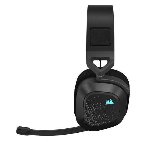 Casque Corsair noir avec micro intégré et logo bleu sur l'écouteur.