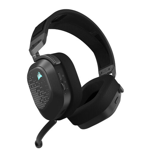 Casque gaming Corsair noir avec micro déporté et coussinets confortables.