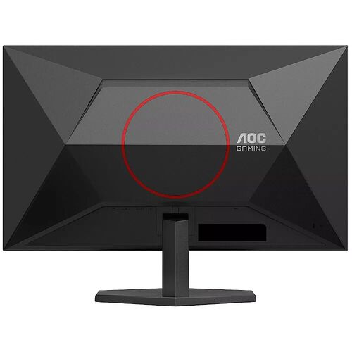 Écran de PC gamer AOC avec un design noir géométrique et un cercle rouge lumineux à l'arrière.