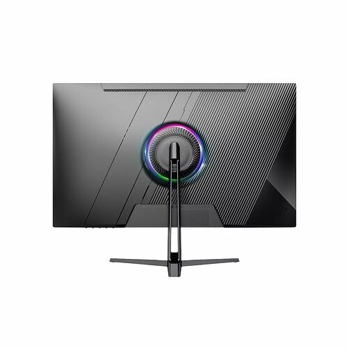Écran PC gamer avec un éclairage LED circulaire multicolore à l'arrière et un pied en forme de T.