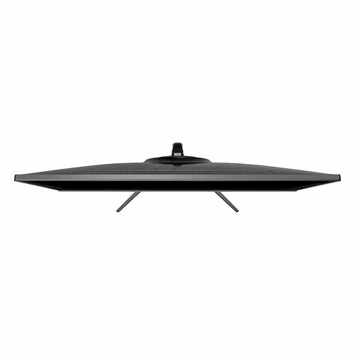 Une vue de profil d'un écran de PC ultra-fin et large, de couleur noire, avec un pied central minimaliste.