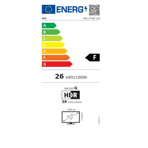 Étiquette d'efficacité énergétique pour un écran MSI, classé en catégorie F avec une consommation de 26 kWh/1000h. L'écran affiche une résolution de 2560 px et une taille de 27 pouces.