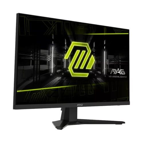 Écran de PC MSI de la gamme MAG, affichant un fond d'écran graphique noir et vert avec le logo MSI. L'écran est monté sur un pied noir robuste.