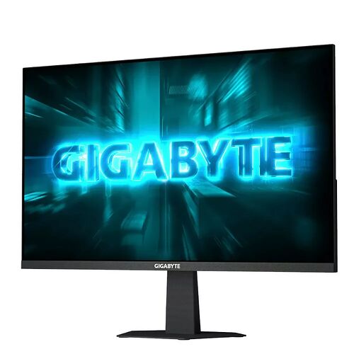 Écran de PC Gigabyte affichant un fond d'écran bleu avec le logo de la marque au centre.
