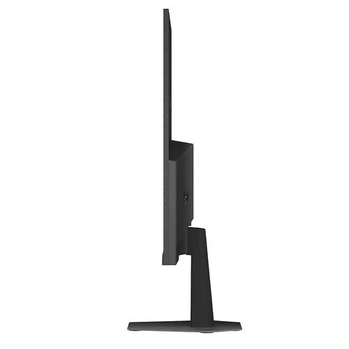Écran d'ordinateur noir de profil, montrant la finesse de la dalle et son pied de support minimaliste.