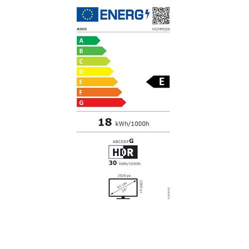 Étiquette d'efficacité énergétique pour un écran ASUS, classé en catégorie E avec une consommation de 18 kWh/1000h. L'écran affiche une résolution de 1920 px et une diagonale de 24 pouces.